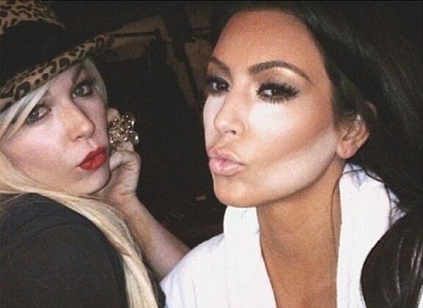 Kim Kardashian shows off her contouring make-up tricks in a selfie with Joyce Bonelli - 29 March 2014